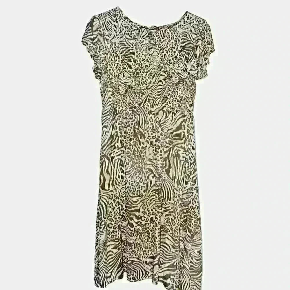 Harlow & Rose Sz XL Big‎ Cat Print A Line Dress Shirred Flowy Animal Print